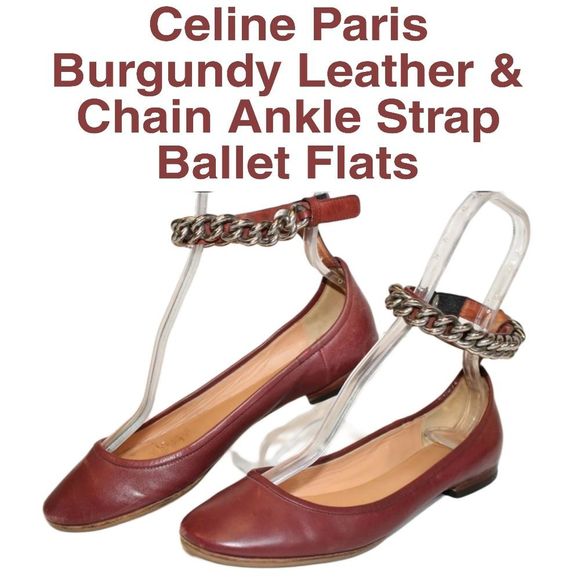 Celine Shoes - Celine Italy 9 Burgundy Leather Ankle Strap Ballet Flats